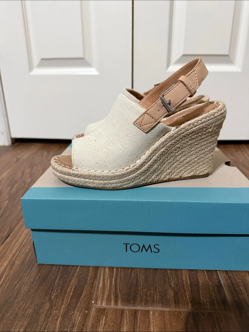 TOMS Cream Canvas Espadrille Wedge Sandals with Tan Ankle Strap